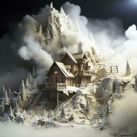 An isolated mountain cabin in the midst of a blizzard, snowdrifts piling up against the walls, a feeling of isolation and survival in the harsh winter environment, Sculpture, wood carving photo