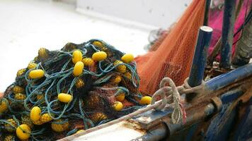 Fishing nets on fishing boat outdoor . video