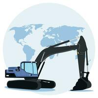 excavator on the world map background. vector illustration