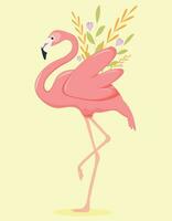 illustration of a pink flamingo. illustration of a flamingo. flamingo with flowers, vector illustration