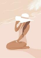 niña en un sombrero en el playa. niña en el playa. el niña a el mar. un mujer en un traje de baño. verano vector ilustración