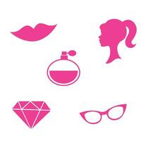 ilustración de un conjunto de productos cosméticos. mujer iconos rosado muñeca. rosado muñeca iconos silueta de un mujer en rosado color. vector ilustración
