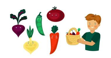 A smiling boy holds a basket of vegetables in his hands. Vector Cartoon vegetables eating for child