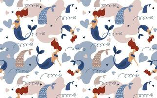 Seamless pattern with cute mermaids and sea wave. Vector flat  kids texture for fabric, wrapping, textile, wallpaper.