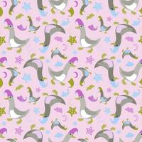 Vector seamless pattern with funny geese in nightcaps, stars, clouds and the moon.