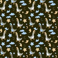 Vector seamless pattern with funny geese in nightcaps, stars, clouds and the moon.