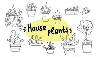 Home plants in a pot black and white contour doodle drawing set vector