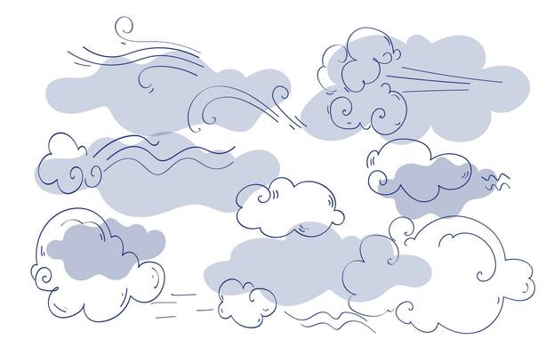 Doodle sketch style cloud set.