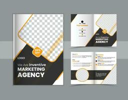 resumen y mínimo negocio bifold folleto diseño modelo para márketing agencia, diseño moderno bi doblez folleto presentación tema utilizar para de múltiples fines, publicidad y impresión. vector