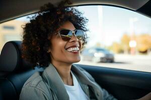 Happy woman journey transportation adult automobile black looking driver auto smile afro car happiness trip photo