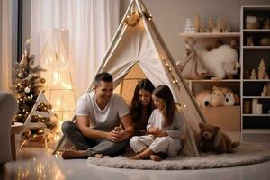 Tent year kid family christmas holiday happy new child mother portrait home father photo