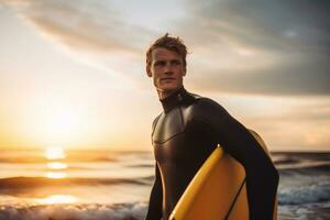 persona hombre Oceano mar deporte surf ocio tablista tabla de surf playa masculino. generativo ai. foto