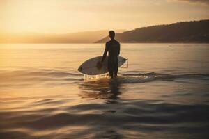 man sea surfboard sport person surfer surfing ocean beach board male. Generative AI. photo