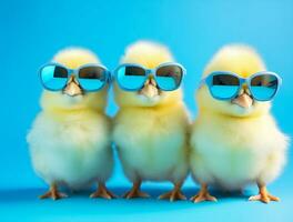 Garden animal sunglasses yellow small chick poultry bird farming chicken background young looking photo