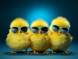 Chick yellow poultry young bird chicken sunglasses baby spring farming small happy animal photo