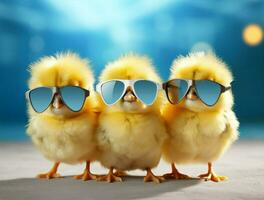 Small beak animal easter chicken blue sunglasses chick yellow young bird poultry farming photo