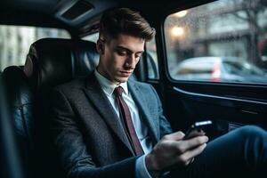 business businessman buy driving inside young men adult car phone transportation. Generative AI. photo