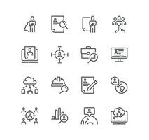 Set of headhunting related icons, resume, executive search, work group, self presentation, company organization, human collecting and linear variety vectors. vector