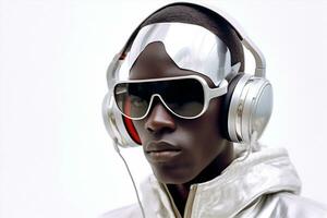 portrait adult music men african black dj lifestyle young headphones standing. Generative AI. photo