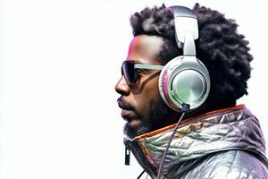 african music men portrait standing dj adult lifestyle black young headphones. Generative AI. photo