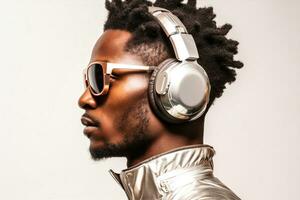 adult dj black headphones men music lifestyle confidence portrait young african. Generative AI. photo