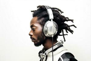 headphones music adult young guy african black men lifestyle portrait dj. Generative AI. photo