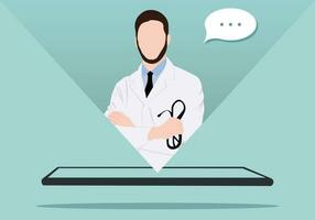 doctor with stethoscope and clipboard. tablet with the doctor on the screen vector