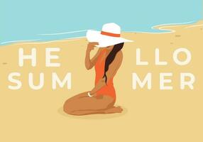 girl in a hat on the beach. Girl on the beach. The girl at the sea. A woman in a swimsuit. Summer vector illustration