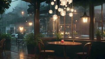 ai generativ, ein Restaurant mit Tabellen und Stühle im das Regen video