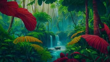 ai generativ, ein Urwald Szene mit ein Wasserfall und rot Blätter video
