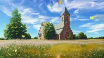 ai generatief, een oud kerk in een veld- met bloemen video