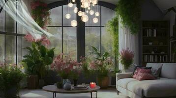 ai génératif, une vivant pièce avec les plantes et une lustre video