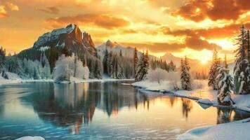 Ai generative, a beautiful sunset over a lake and snow covered trees video