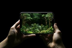 Nature photograph smartphone screen blank 5g electronic business technology phone mobile connection hand smart photo