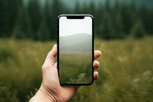 sostener artilugio móvil inteligente fotografía pantalla teléfono 5g teléfono inteligente mano naturaleza tecnología concepto foto