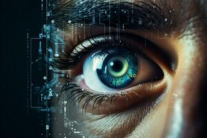 Woman screen system technology concept human cyber futuristic science green vision digital eye photo