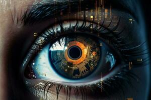 mujer digital humano tecnología sistema ojo concepto visión caucásico Ciencias azul futurista pantalla código ciber foto
