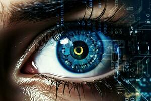 Woman digital software science concept human caucasian vision abstract futuristic system technology eye green photo