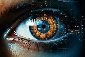 Woman tech identity security vision eye futuristic digital interface concept human technology system science photo