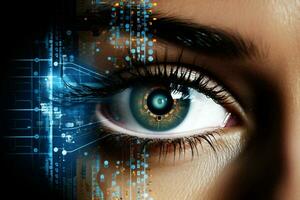 Futuristic woman vision caucasian system human technology science closeup concept eye green digital cyber photo