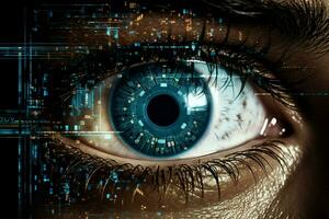 Vision woman technology eye digital face science access system concept focus blue human futuristic photo