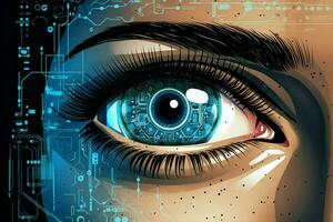 Woman abstract eye tech science digital vision screen human eyesight focus technology system binary concept futuristic photo