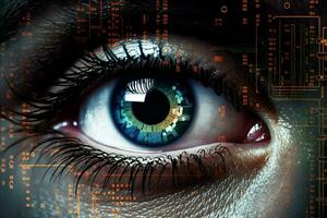 Woman concept human iris futuristic science access binary digital identity eye caucasian technology vision system photo