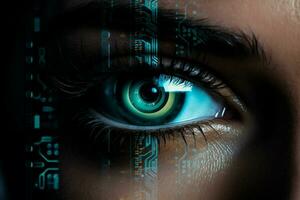 Human woman hacker cyber digital vision system concept futuristic biometric eye science female information technology photo