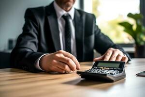 businessman man caucasian office computer pen writing manager business calculator sitting. Generative AI. photo