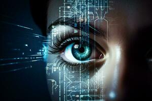 Internet woman science ocular eye system digital vision technology look access concept closeup human interface futuristic photo