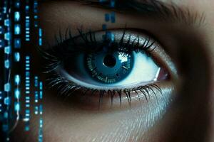 Woman iris vision technology science eye human security digital face system glowing futuristic concept photo