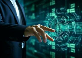 Digital hand virtual code interface icon technology business innovation concept blue tech screen photo