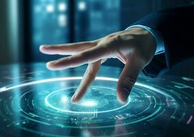 Hand man interface virtual screen technology concept digital innovation code business engineering tech photo