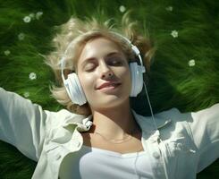 césped mujer música disfrutar natural auriculares verano solo antecedentes verde meditación retrato escucha estilo de vida canción entretenimiento foto